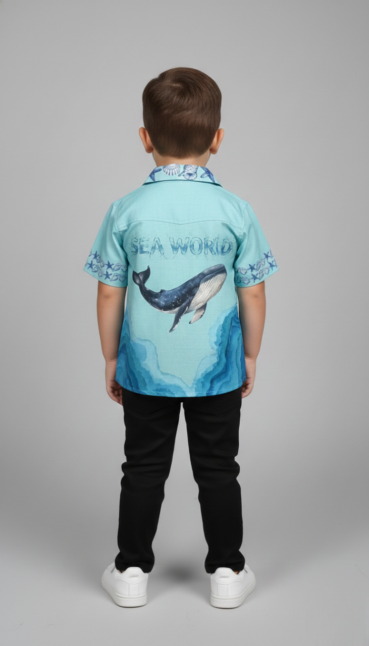 Boys' 'Sea World' Ocean Shirt – Blue Whale & Turtle Watercolor Print