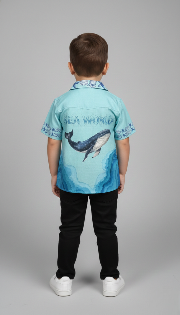 Boys' 'Sea World' Ocean Shirt – Blue Whale & Turtle Watercolor Print