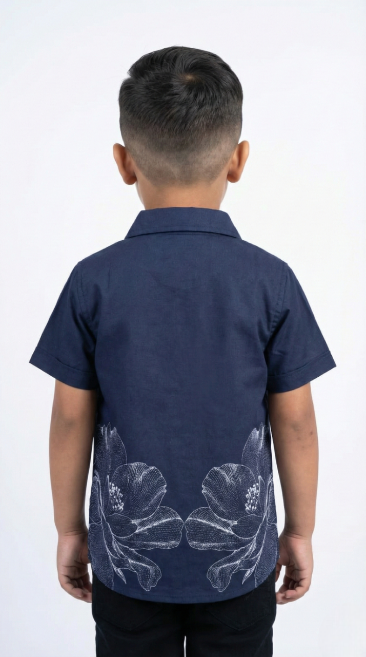 Boys' Navy Party Shirt with Artistic White Flower