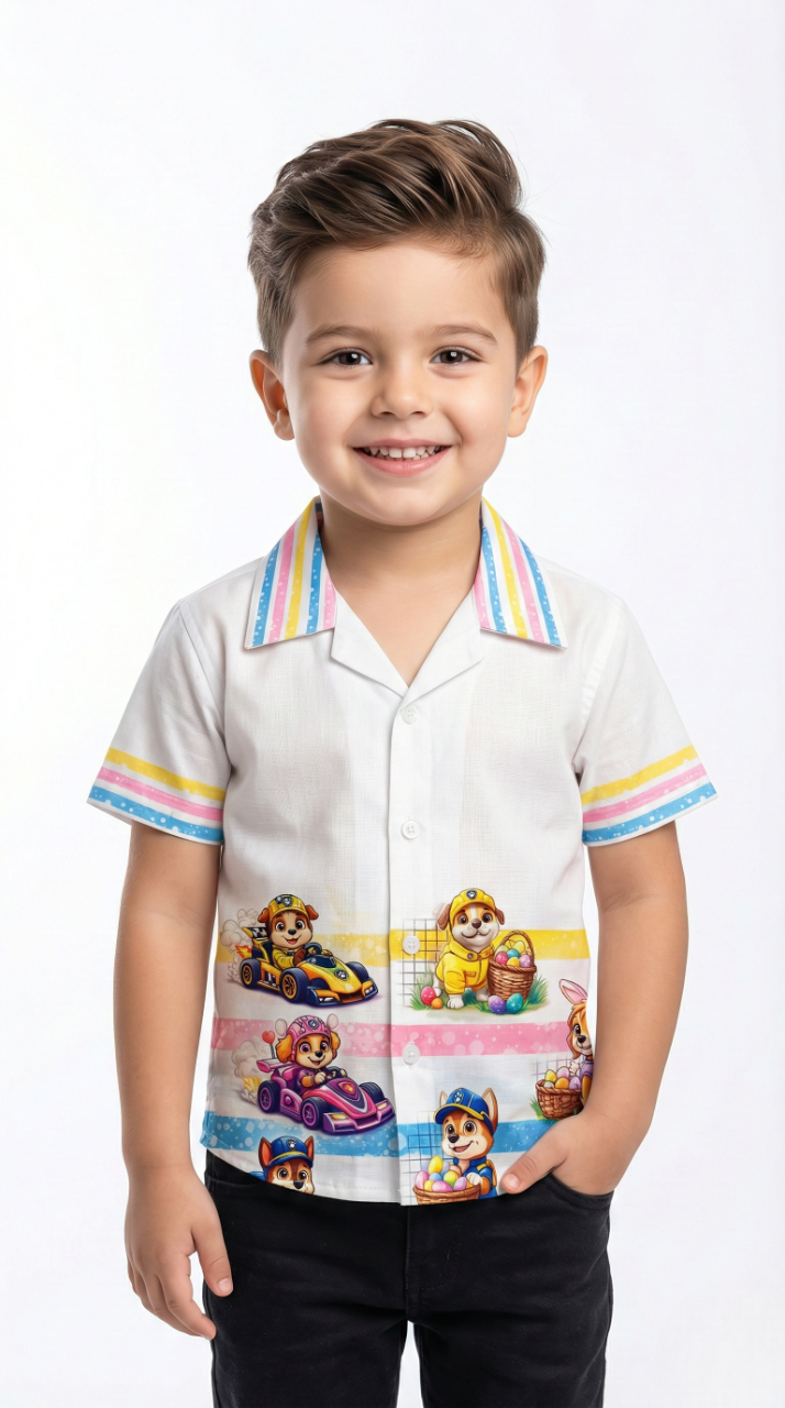 The 'Rescue Squad' Summer Shirt – White with Pastel Striped Collar