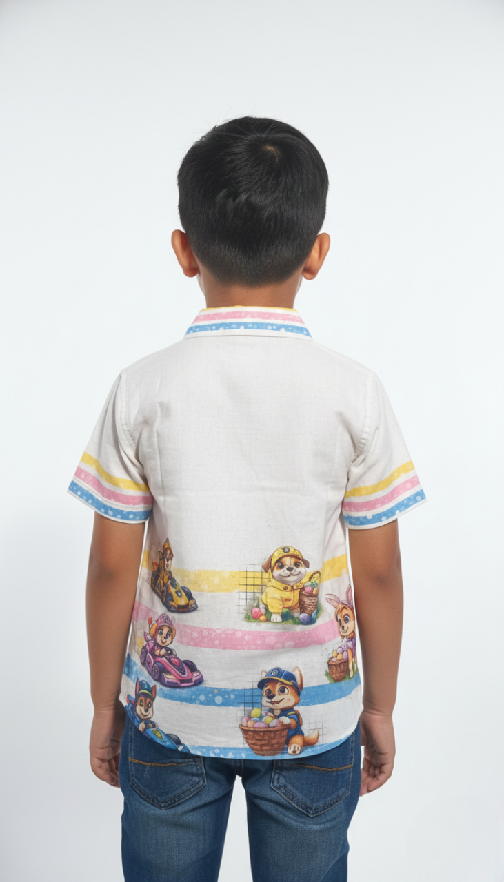 The 'Rescue Squad' Summer Shirt – White with Pastel Striped Collar