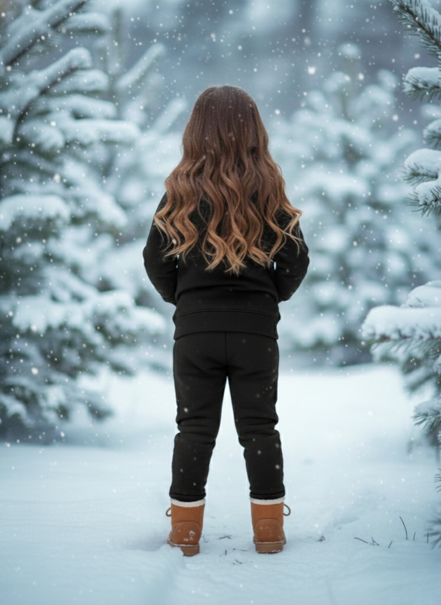 Girls Winter Warm Black Hoodie & Jogger Set
