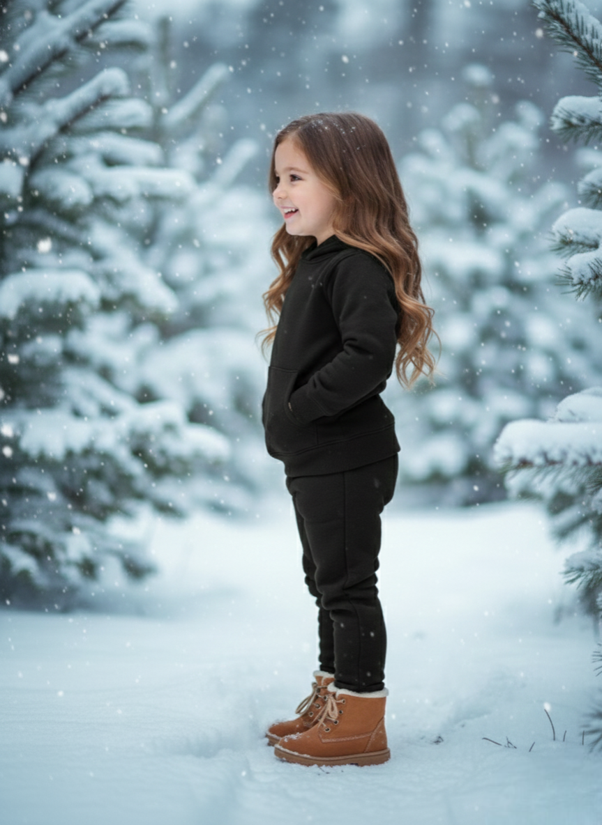 Girls Winter Warm Black Hoodie & Jogger Set