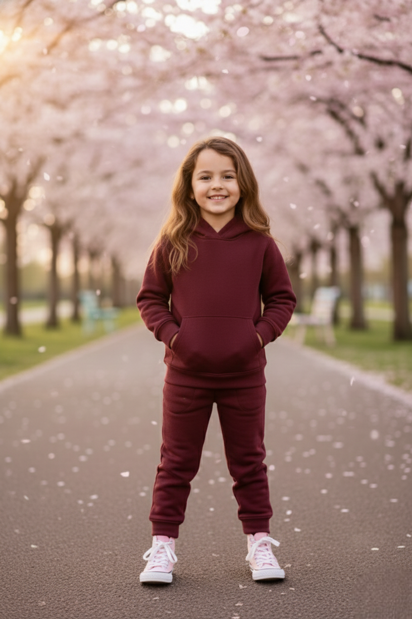 Girls Winter Warm Maroon Hoodie & Jogger Set