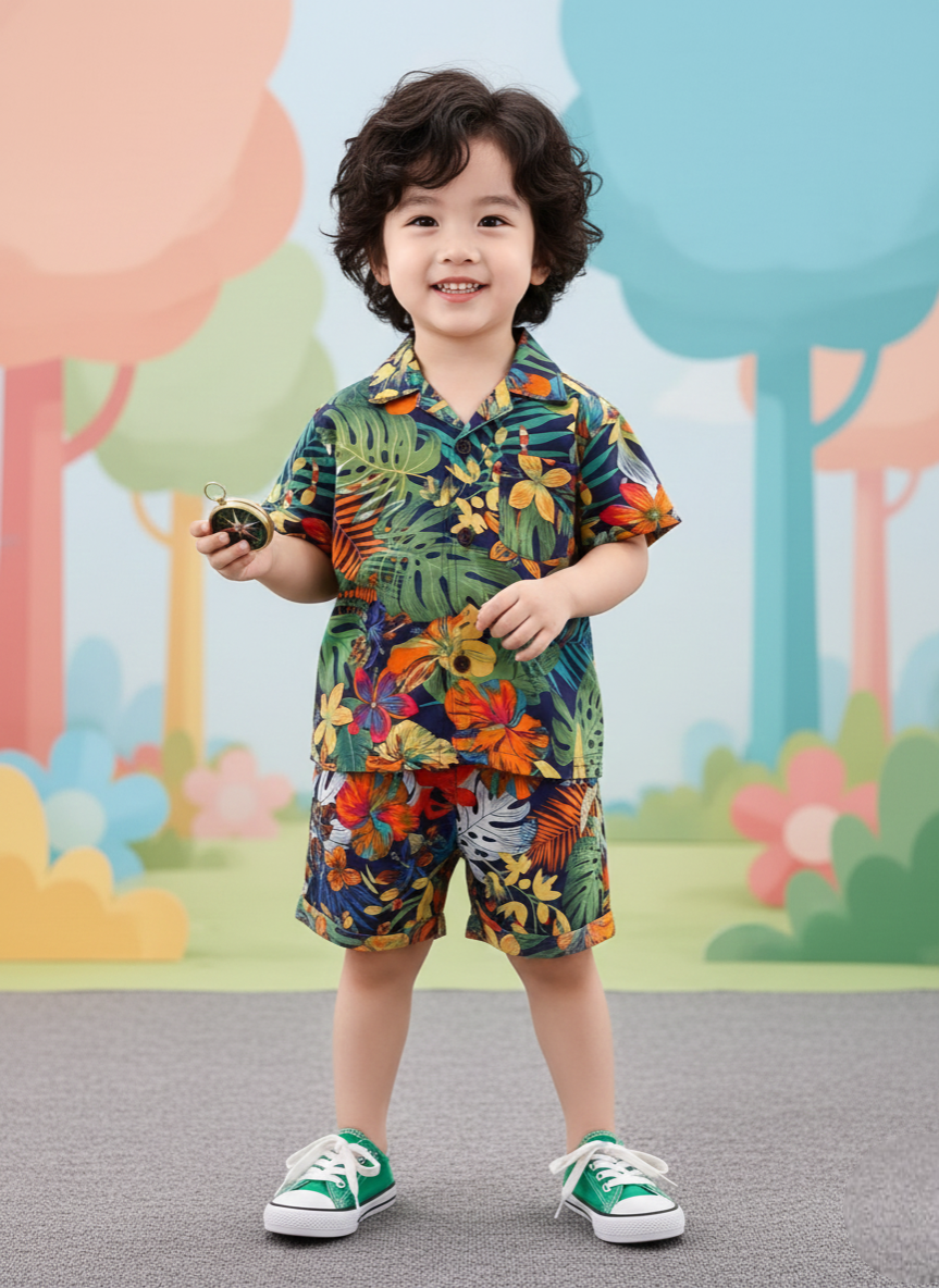 Premium Green Forest Print Shirt & Shorts Outfit Co-Ord Set
