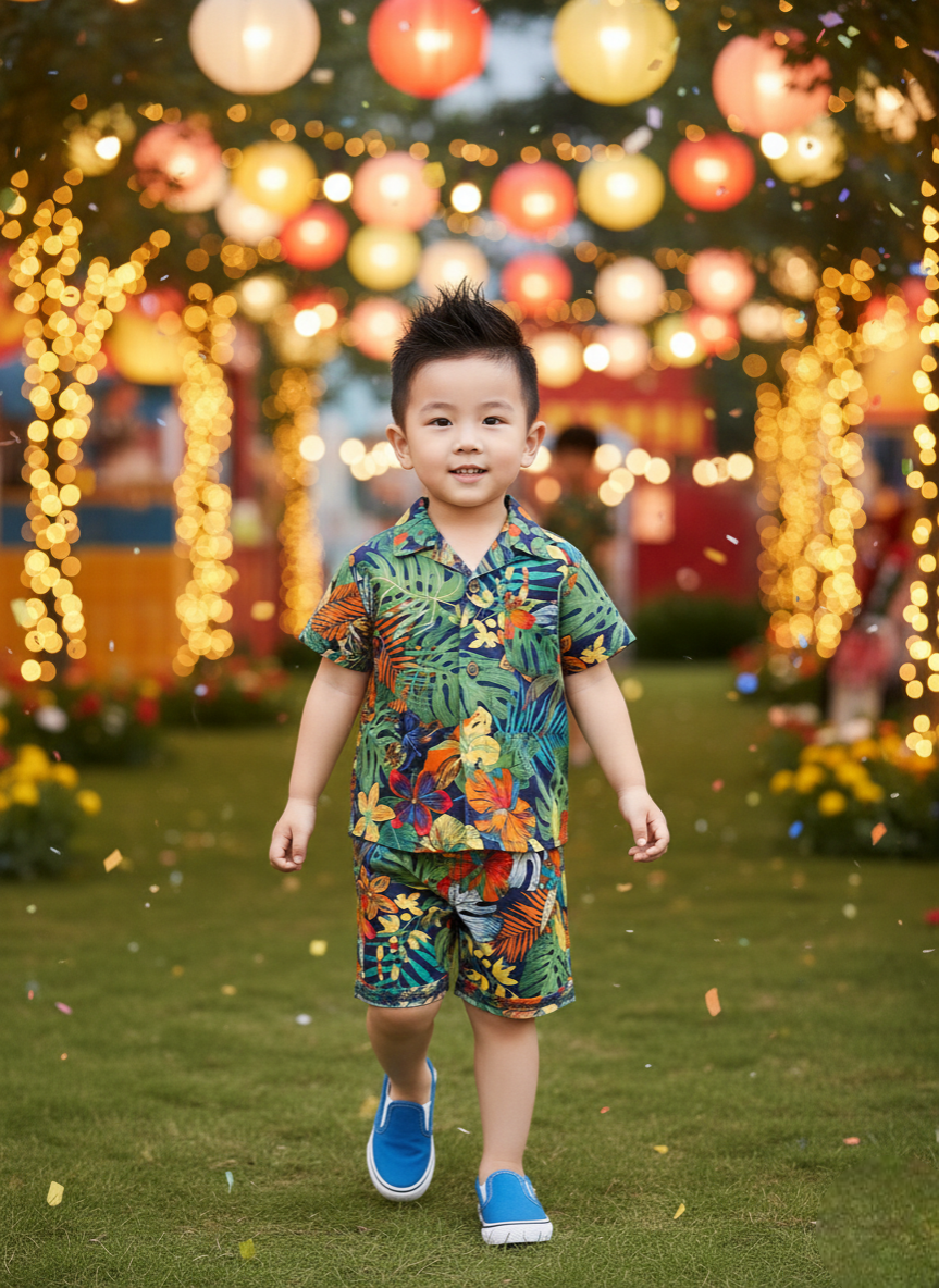 Premium Green Forest Print Shirt & Shorts Outfit Co-Ord Set
