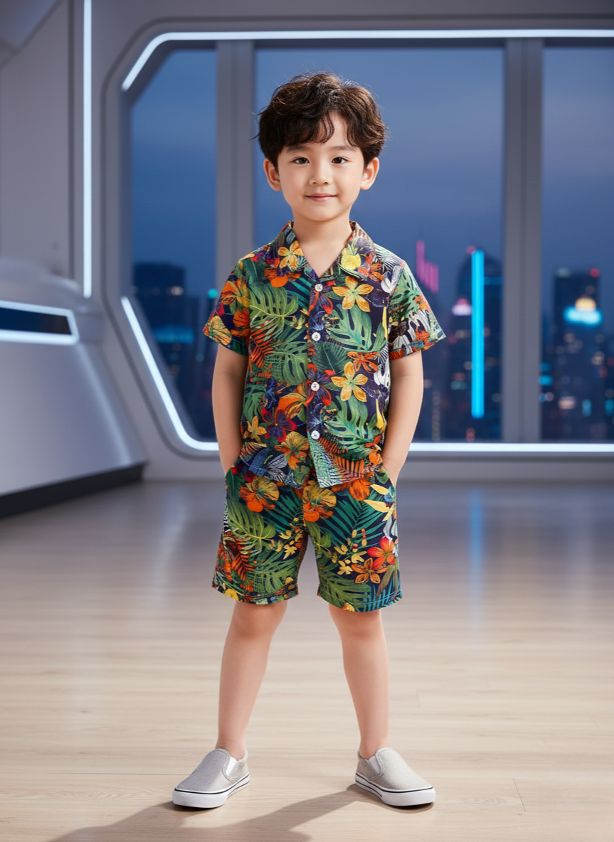 Premium Green Forest Print Shirt & Shorts Outfit Co-Ord Set