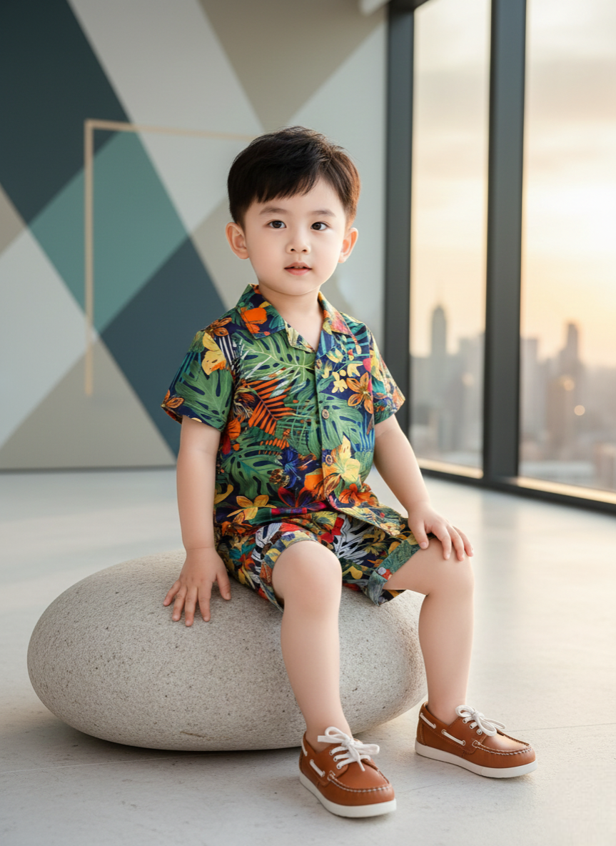 Premium Green Forest Print Shirt & Shorts Outfit Co-Ord Set