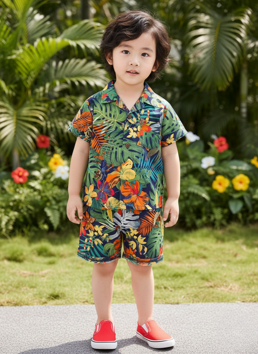 Premium Green Forest Print Shirt & Shorts Outfit Co-Ord Set