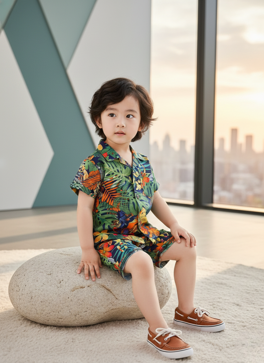 Premium Green Forest Print Shirt & Shorts Outfit Co-Ord Set