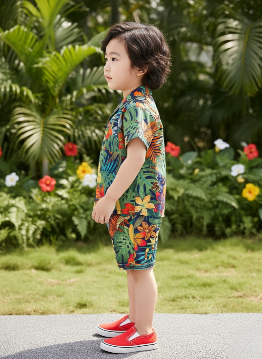 Premium Green Forest Print Shirt & Shorts Outfit Co-Ord Set