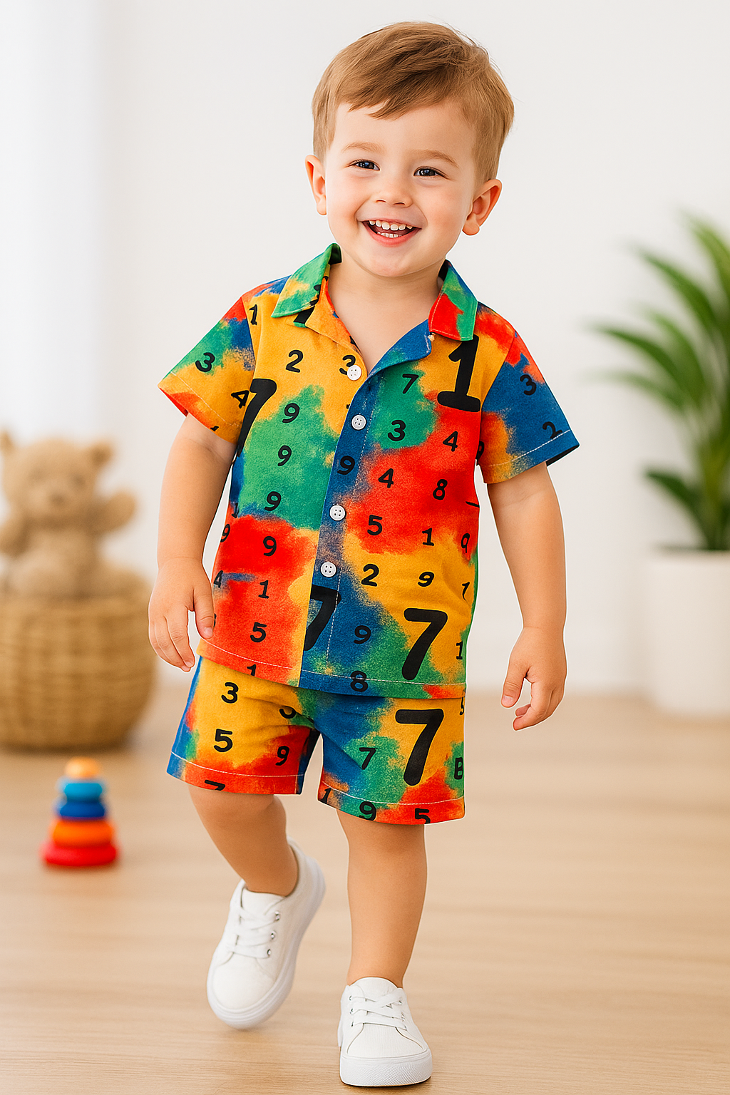 Kids Multicolor Numbers Print Shirt & Shorts Set