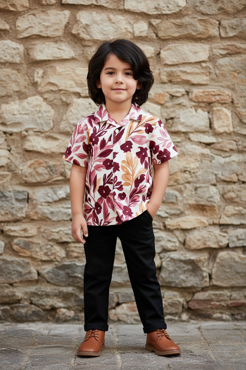 Stylish Floral Maroon Leaf Printed Shirt and Pants Set