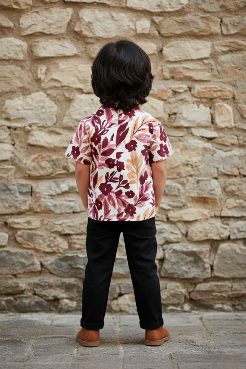 Stylish Floral Maroon Leaf Printed Shirt and Pants Set