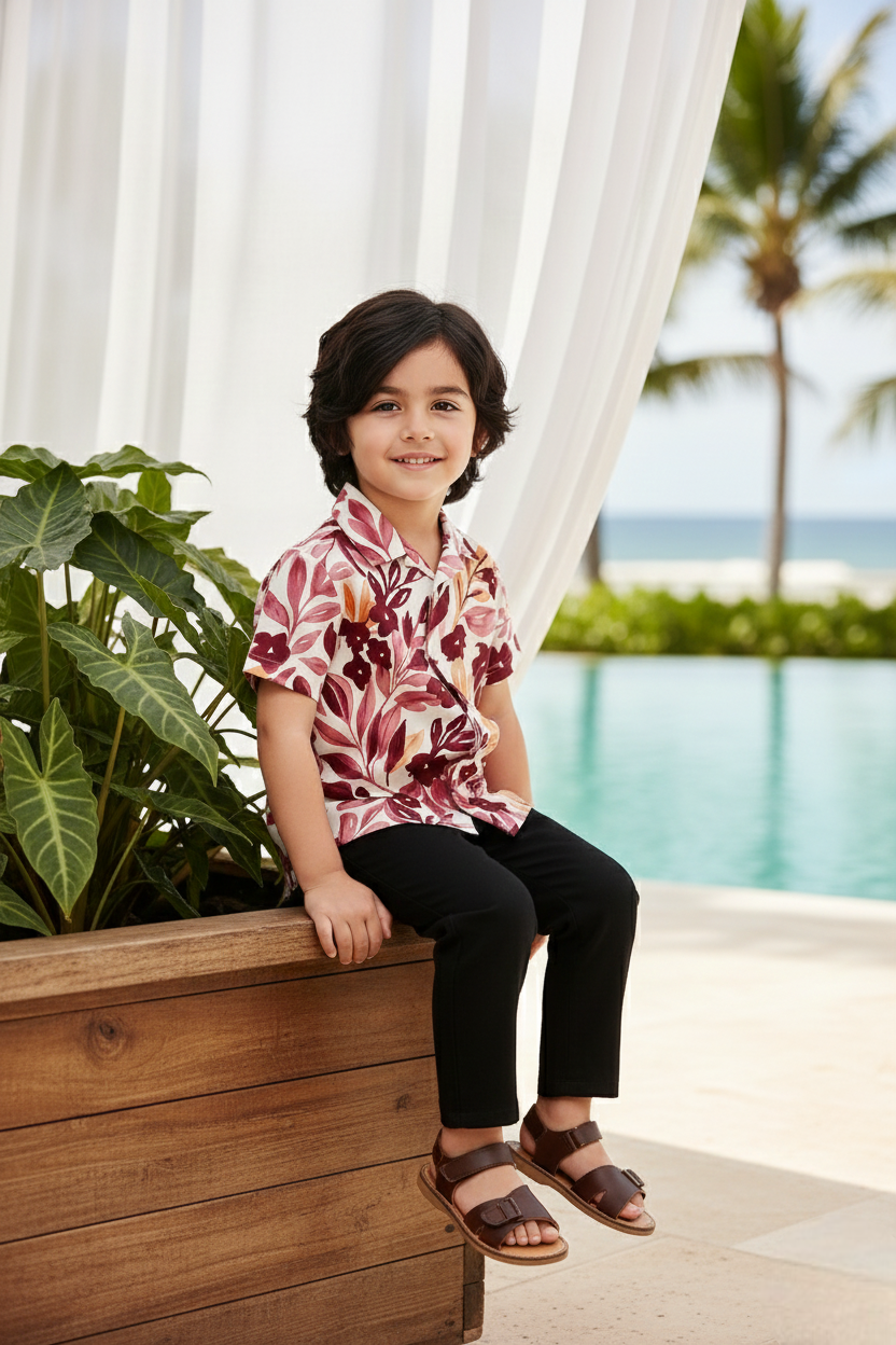Stylish Floral Maroon Leaf Printed Shirt and Pants Set
