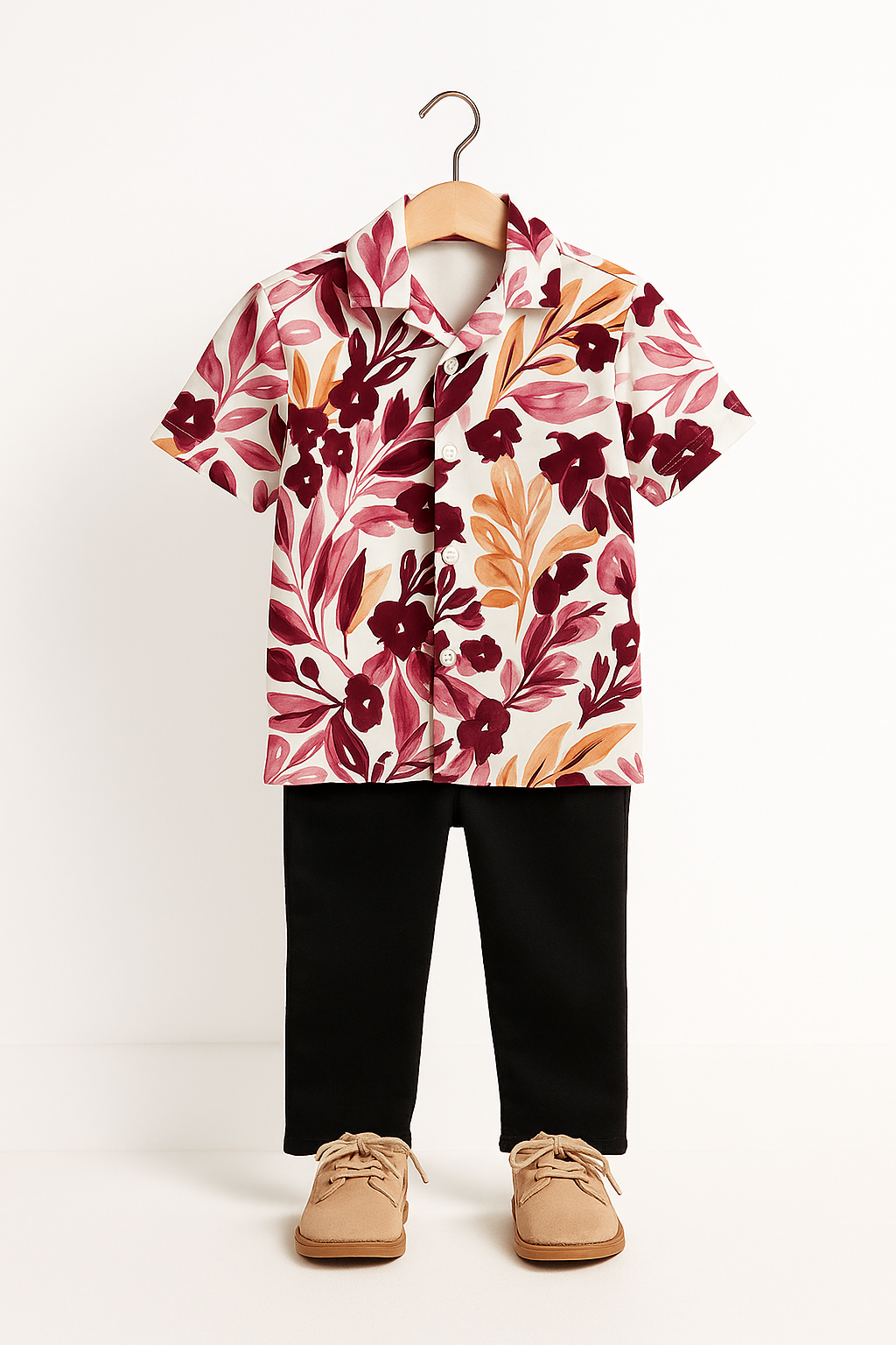 Stylish Floral Maroon Leaf Printed Shirt and Pants Set