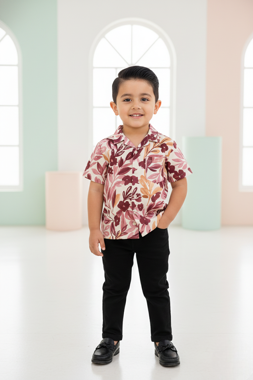 Stylish Floral Maroon Leaf Printed Shirt and Pants Set