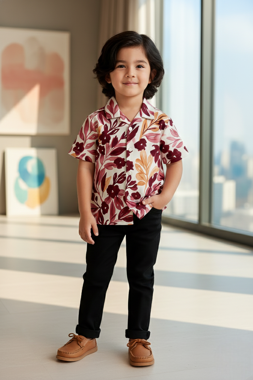 Stylish Floral Maroon Leaf Printed Shirt and Pants Set