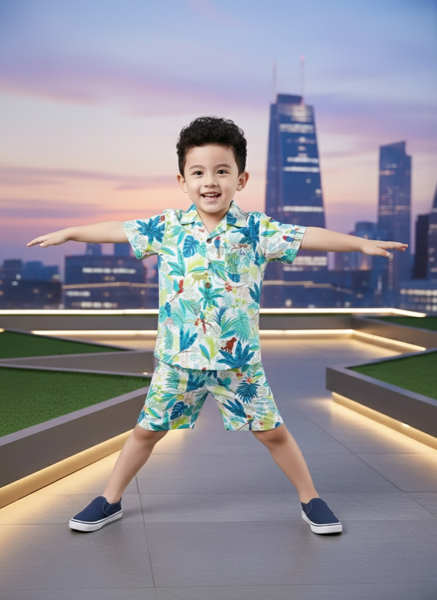 Jungle Safari Printed Tropical Shirt & Shorts Co-Ord Set