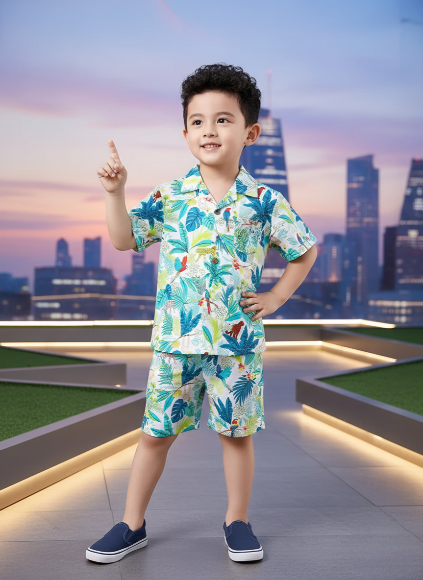 Jungle Safari Printed Tropical Shirt & Shorts Co-Ord Set