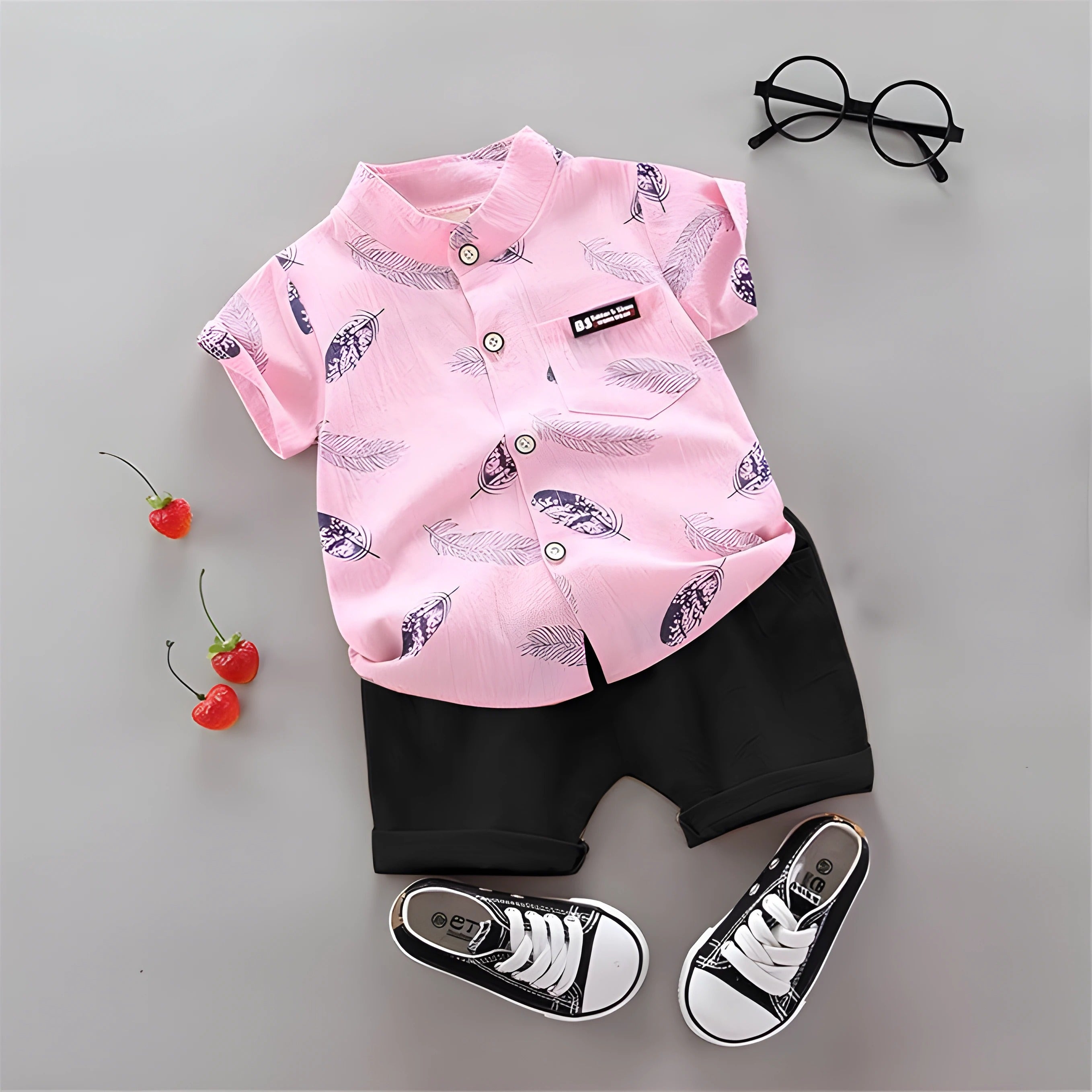 Pink Feather Printed Shirts & Black Shorts Co-Ord Set