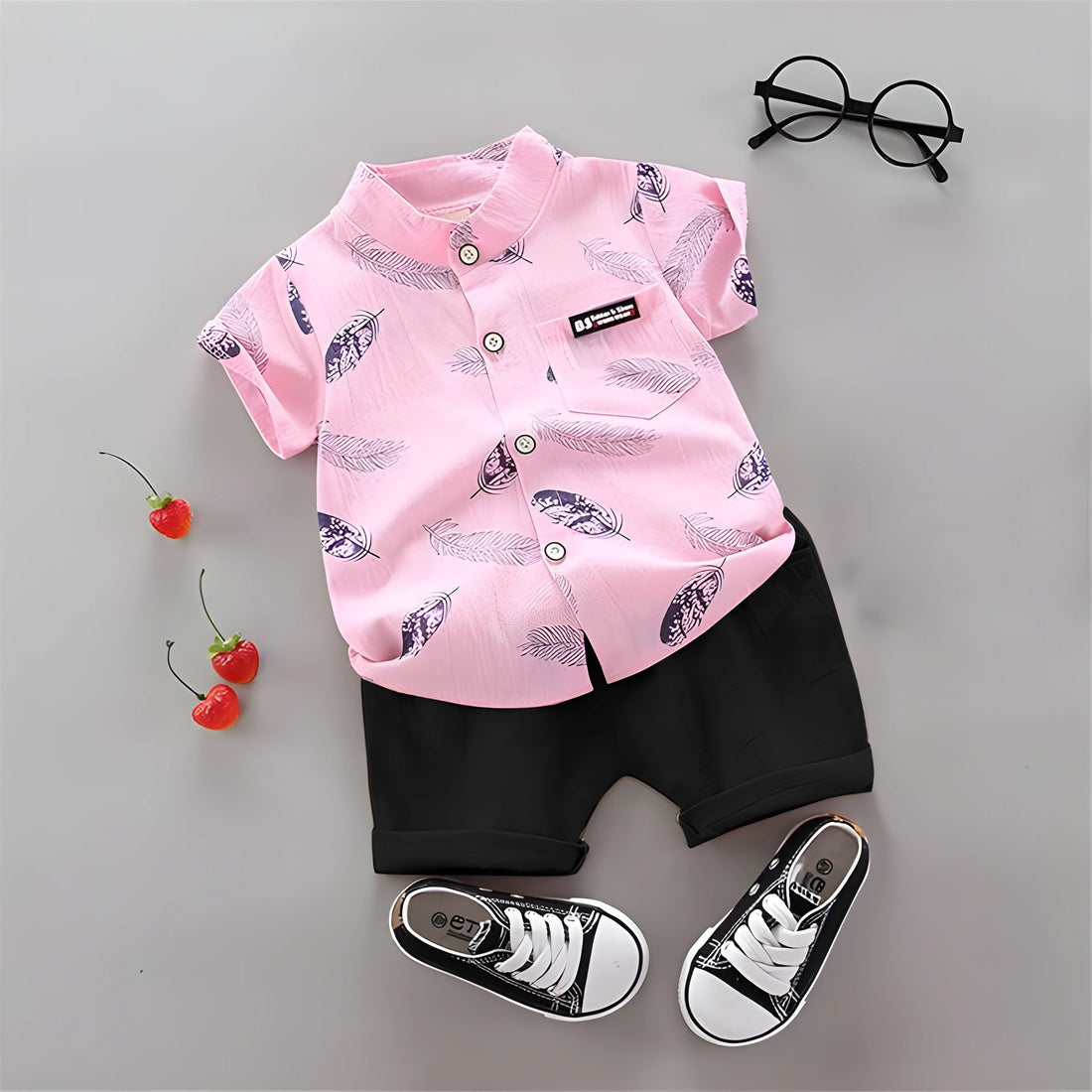 Pink Feather Printed Shirts & Black Shorts Co-Ord Set