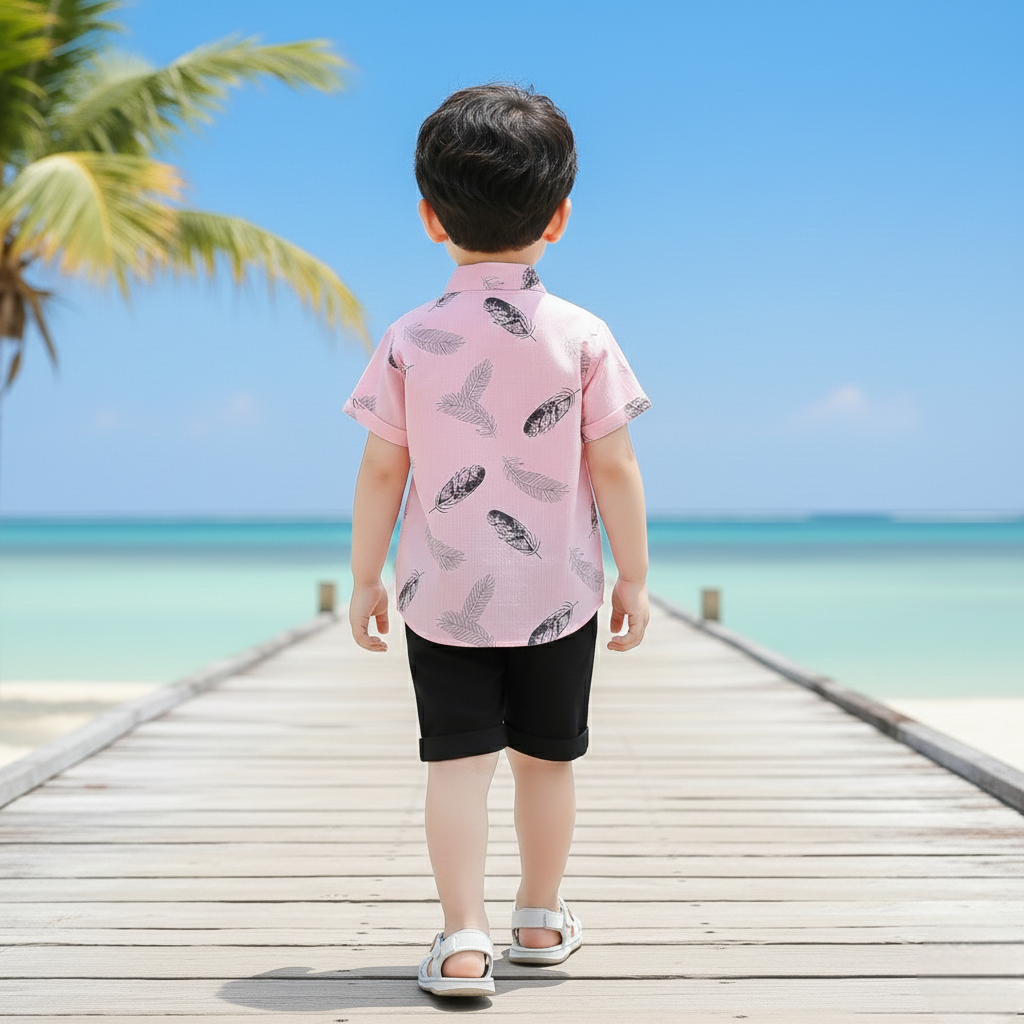 Pink Feather Printed Shirts & Black Shorts Co-Ord Set