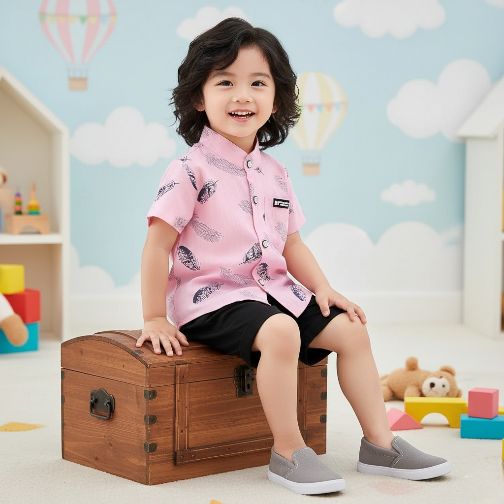 Pink Feather Printed Shirts & Black Shorts Co-Ord Set