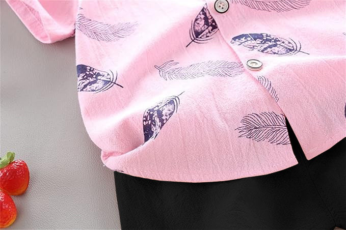 Pink Feather Printed Shirts & Black Shorts Co-Ord Set