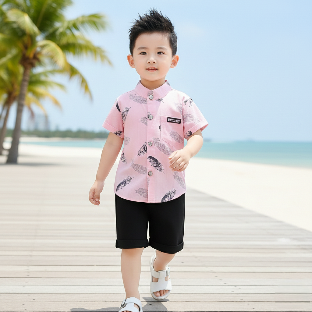 Pink Feather Printed Shirts & Black Shorts Co-Ord Set