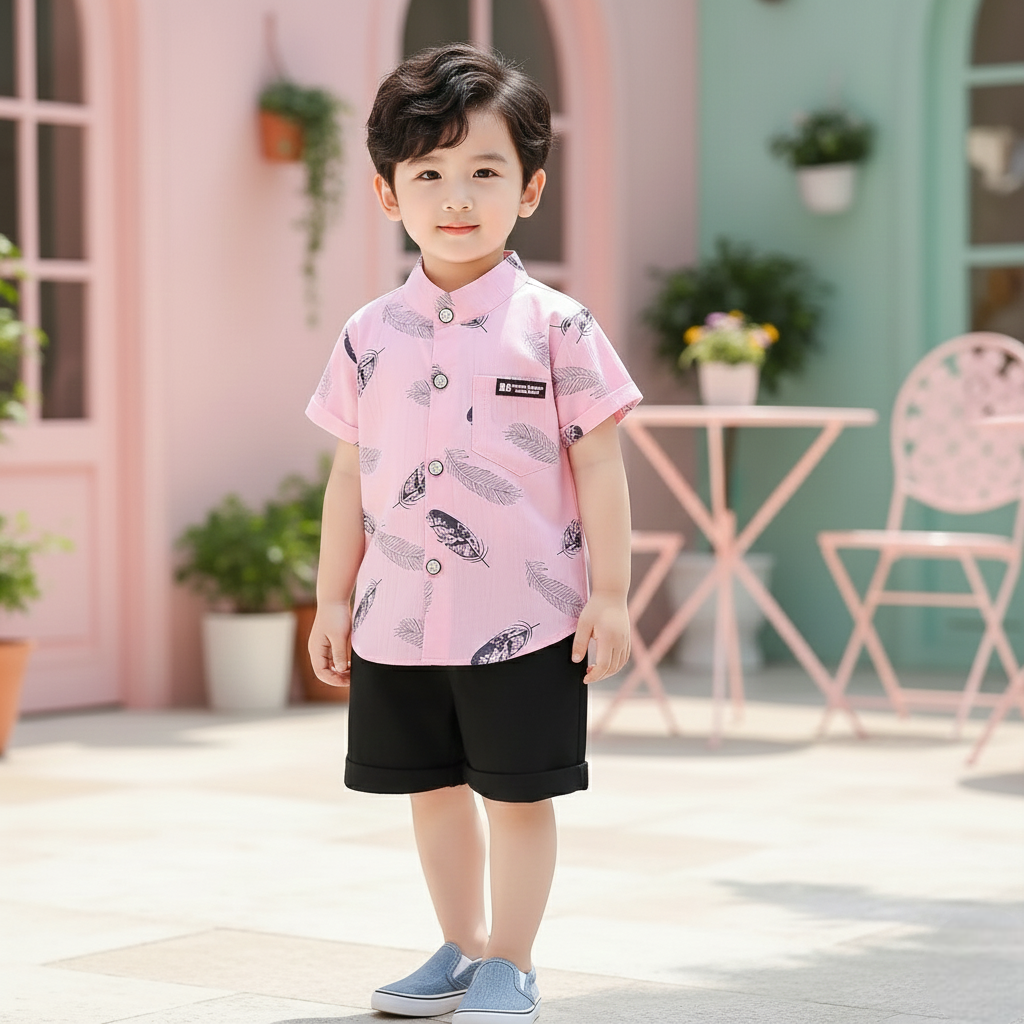 Pink Feather Printed Shirts & Black Shorts Co-Ord Set