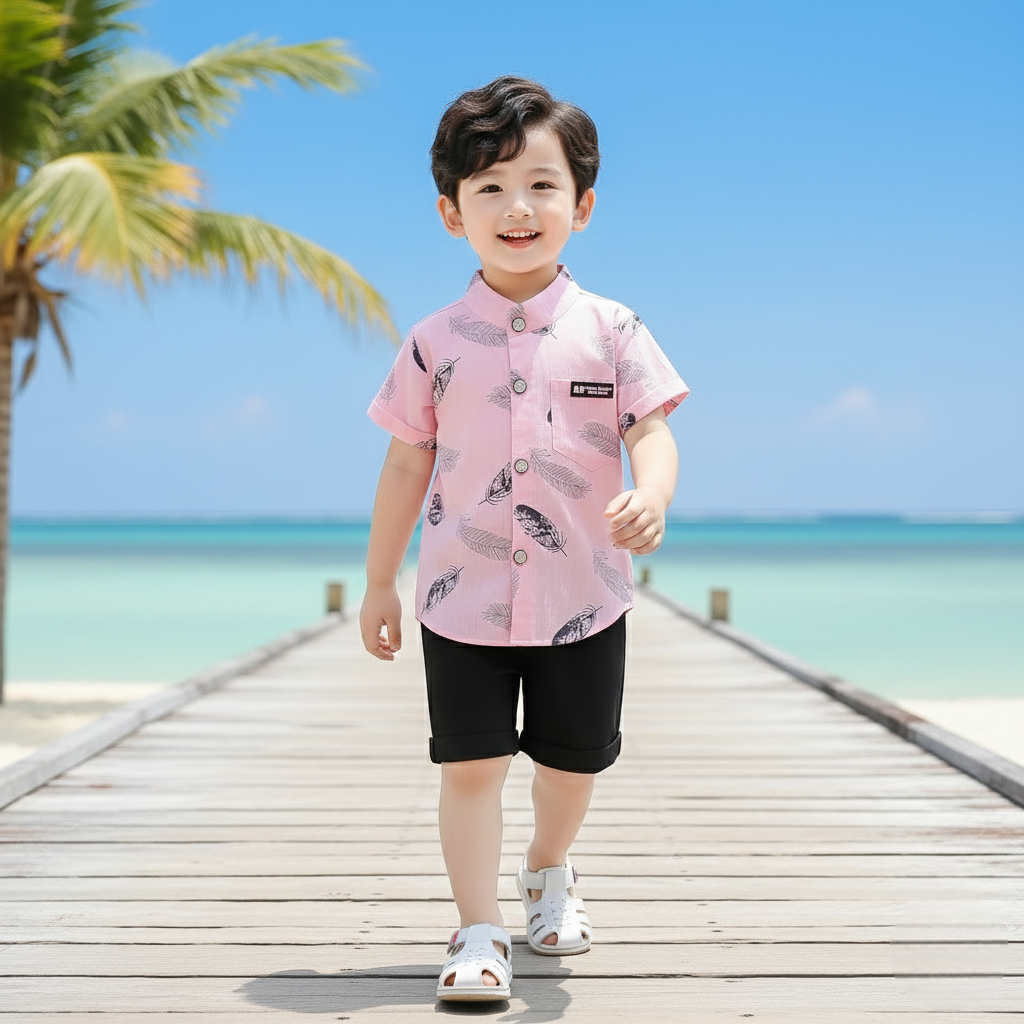 Pink Feather Printed Shirts & Black Shorts Co-Ord Set