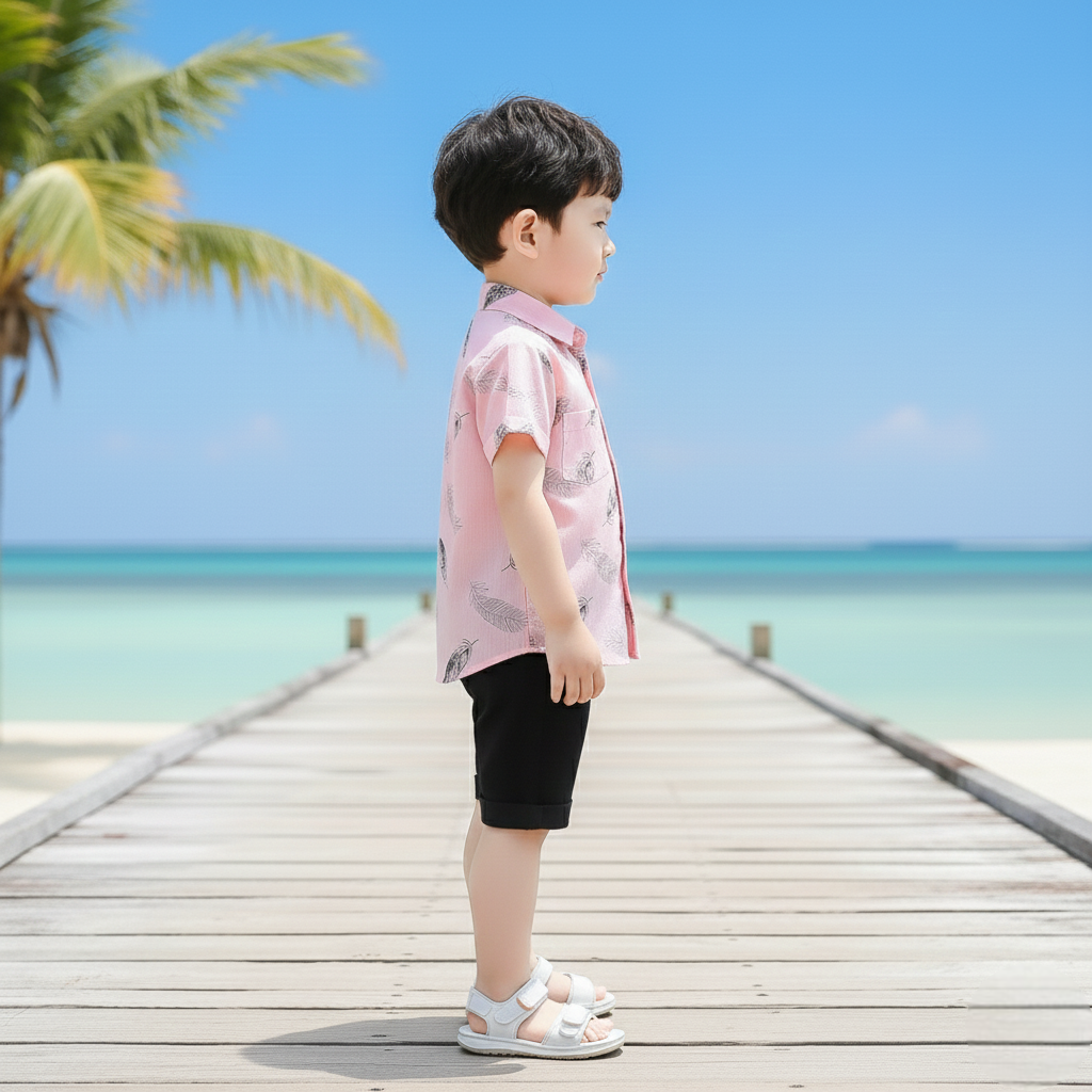 Pink Feather Printed Shirts & Black Shorts Co-Ord Set