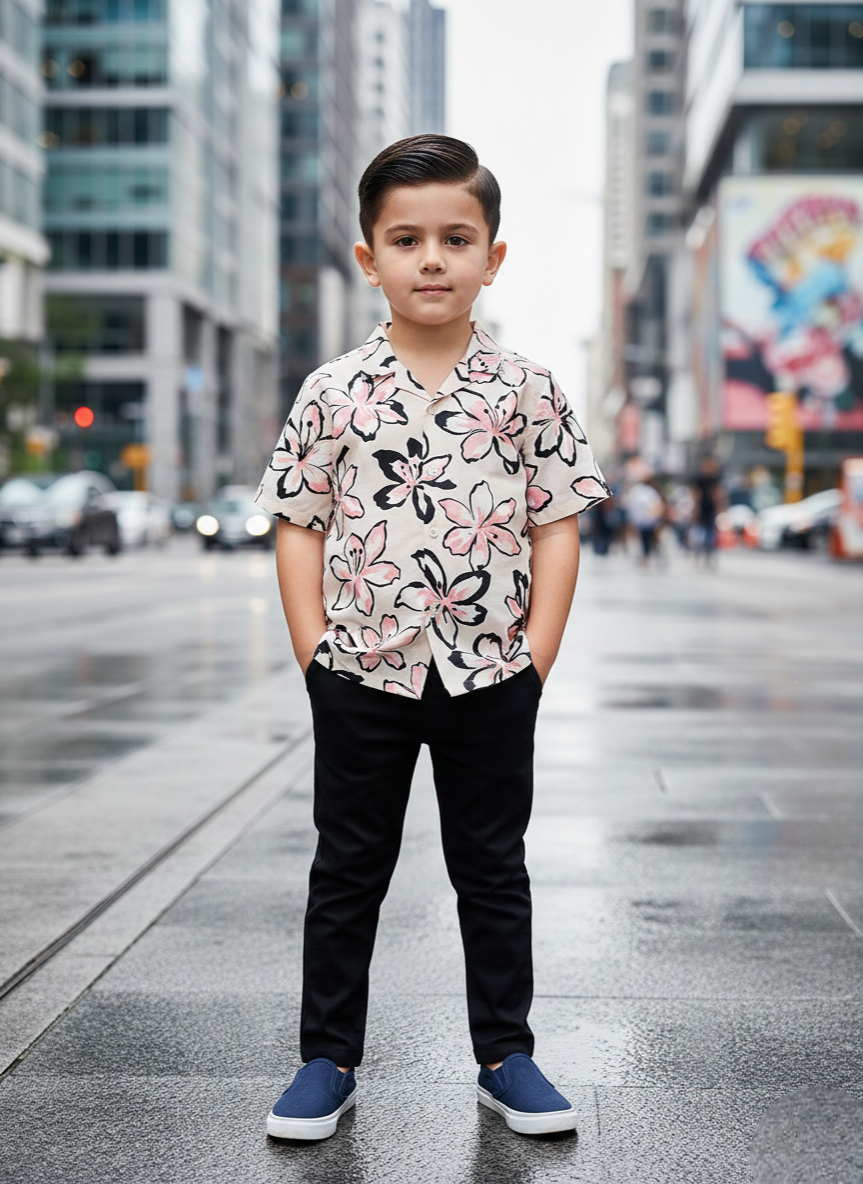 Pink & Black Flower Printed Shirt and Pants Set