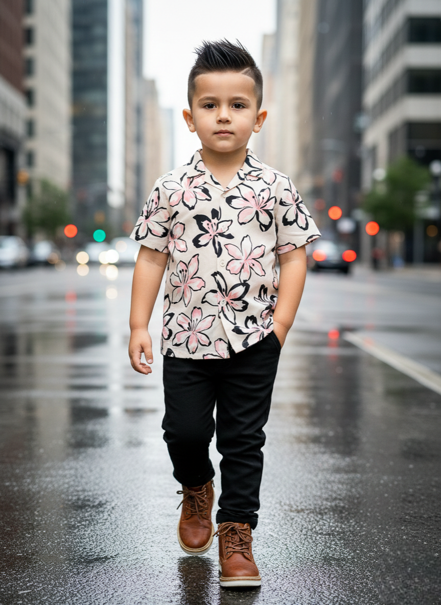 Pink & Black Flower Printed Shirt and Pants Set