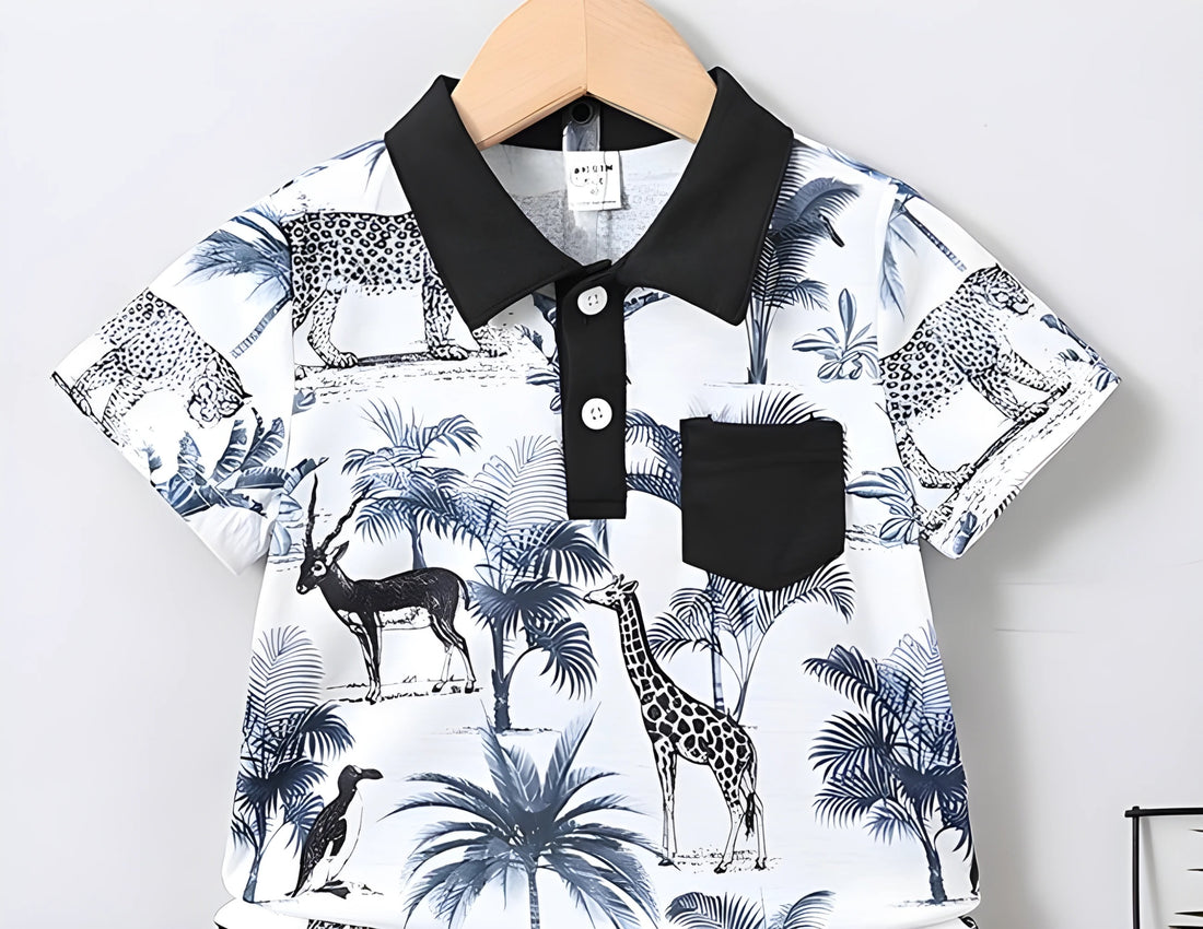 Boys Safari Print T-Shirt & Black Shorts Set