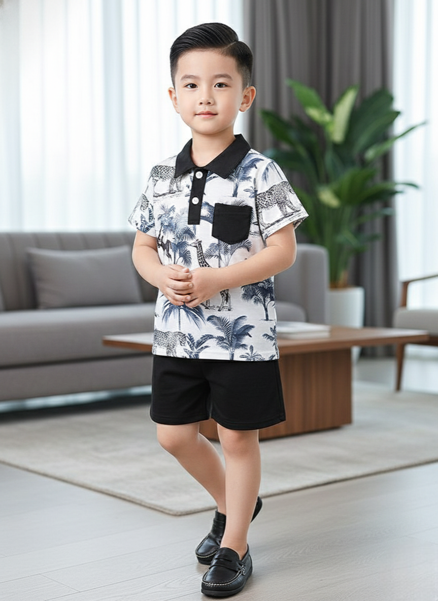 Boys Safari Print T-Shirt & Black Shorts Set