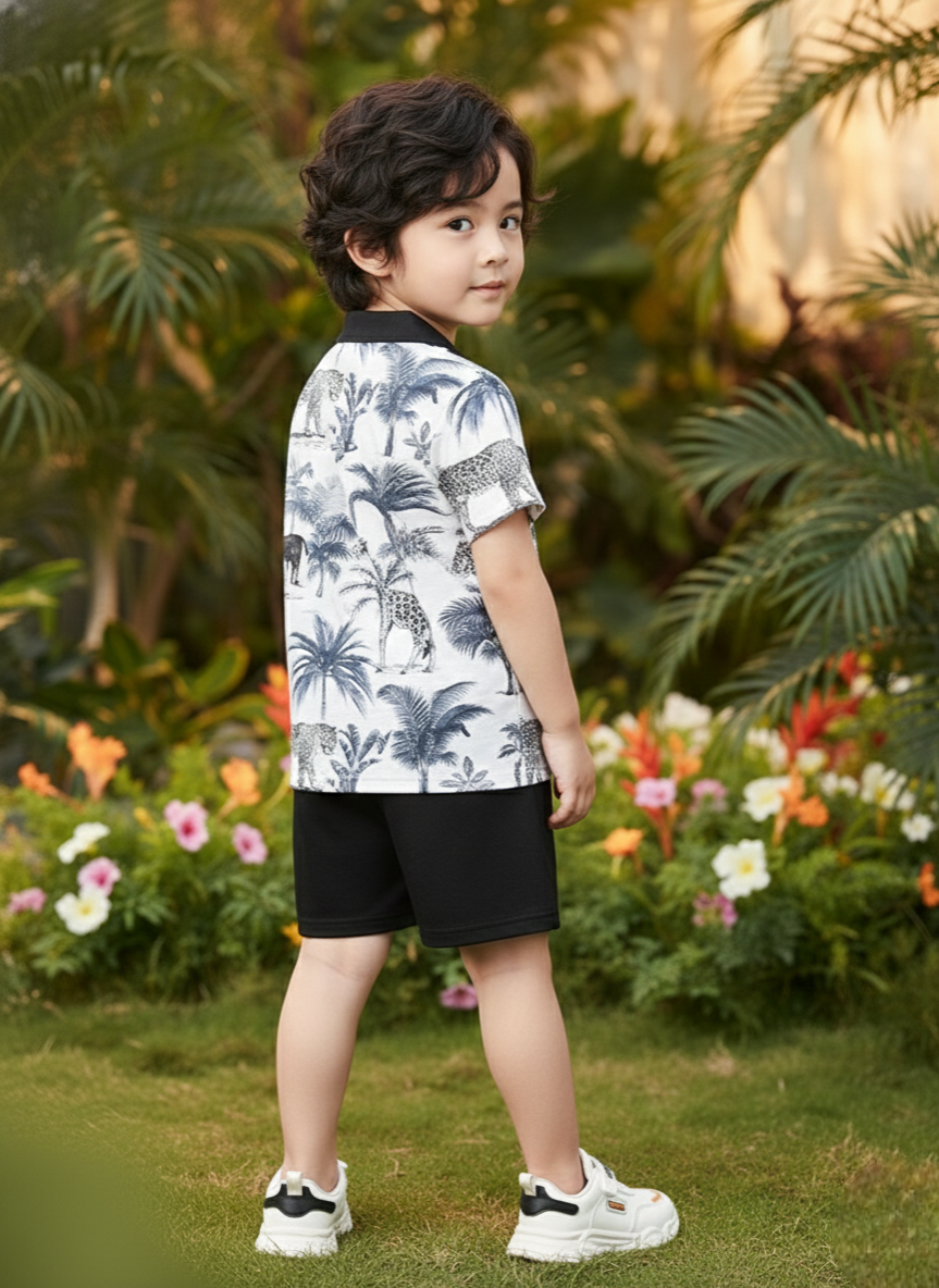 Boys Safari Print T-Shirt & Black Shorts Set