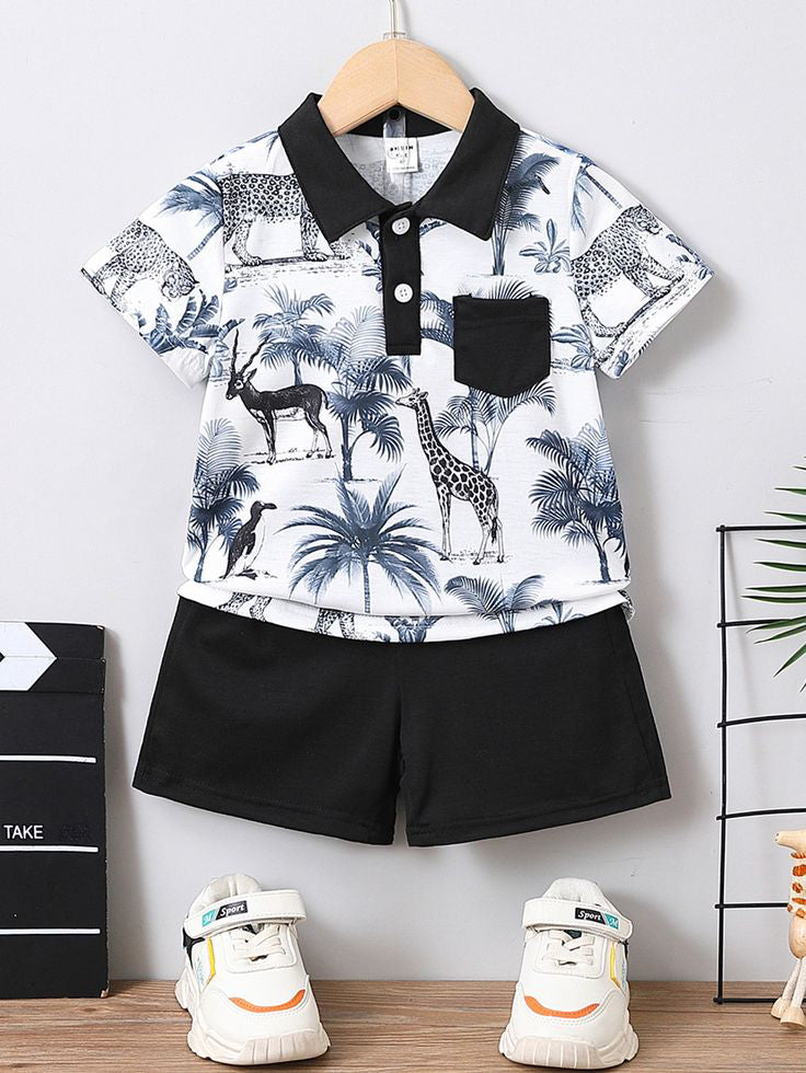 Boys Safari Print T-Shirt & Black Shorts Set