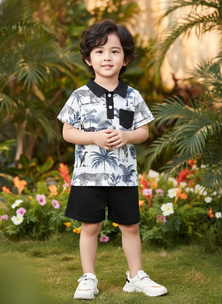 Boys Safari Print T-Shirt & Black Shorts Set