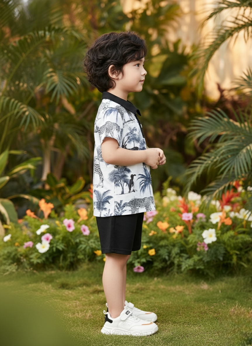 Boys Safari Print T-Shirt & Black Shorts Set