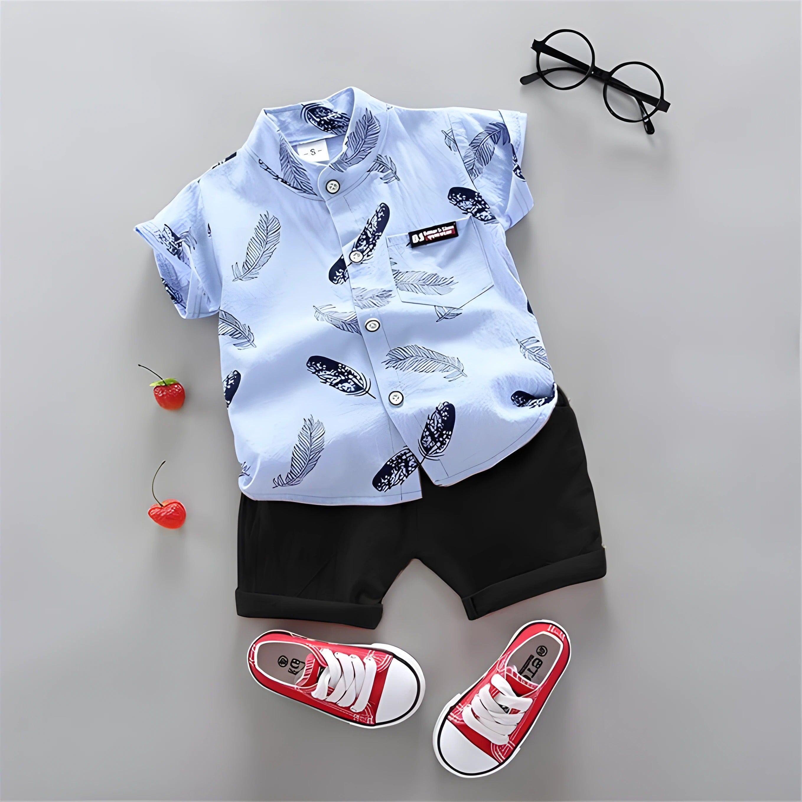 Sky Feather Printed Shirts & Black Shorts Co-Ord Set