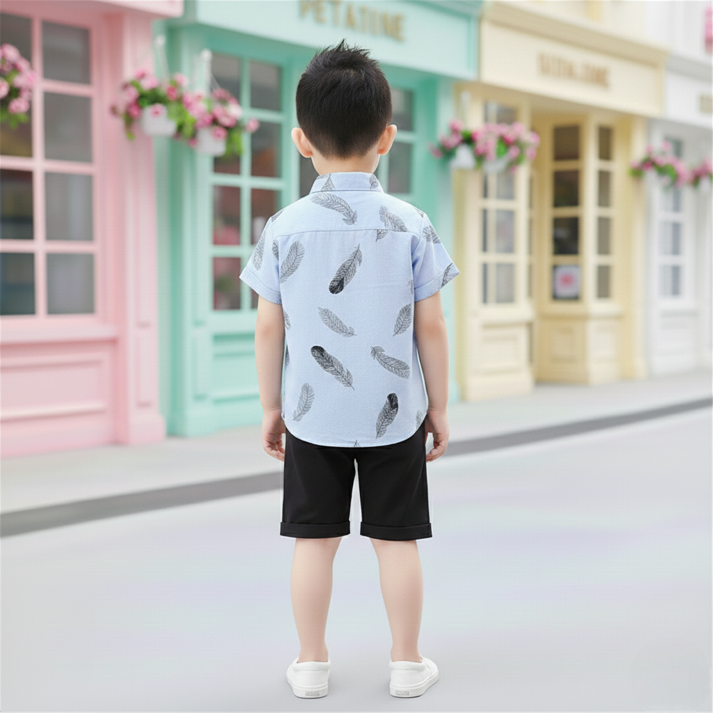 Sky Feather Printed Shirts & Black Shorts Co-Ord Set