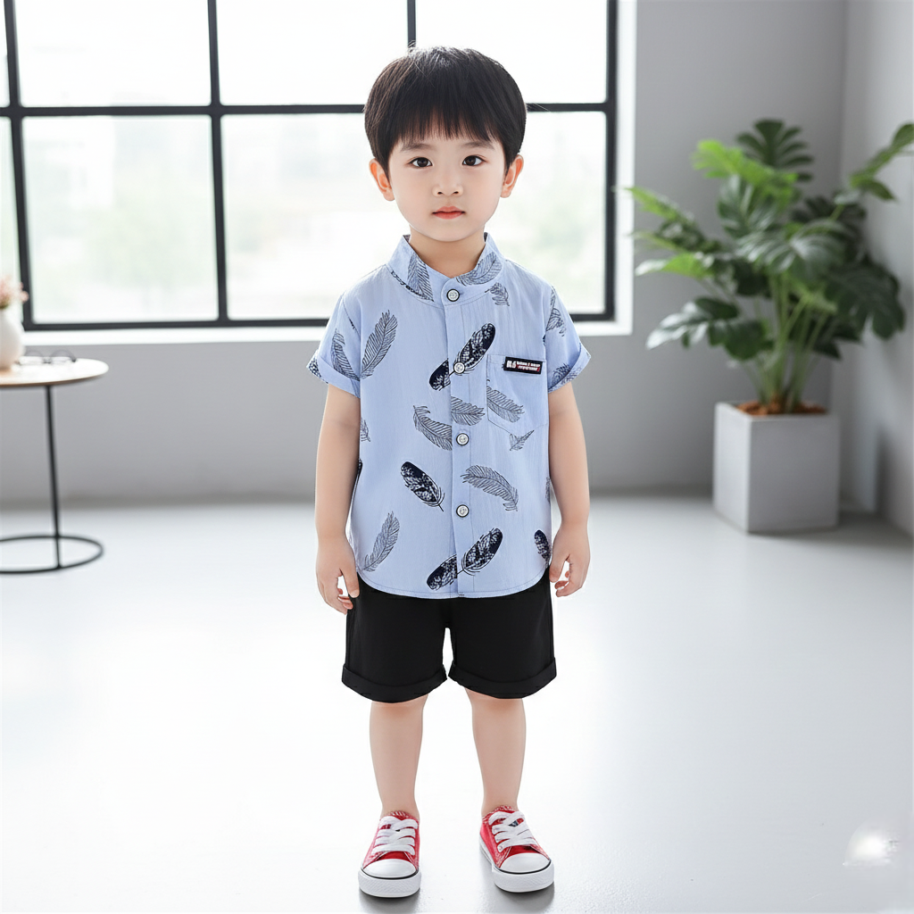 Sky Feather Printed Shirts & Black Shorts Co-Ord Set