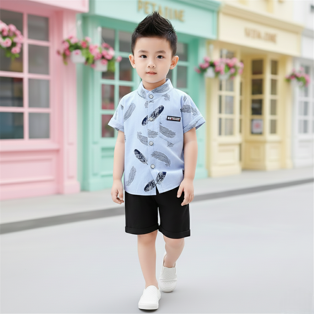 Sky Feather Printed Shirts & Black Shorts Co-Ord Set