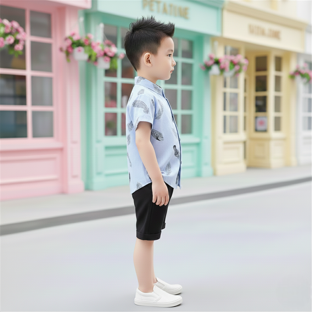 Sky Feather Printed Shirts & Black Shorts Co-Ord Set