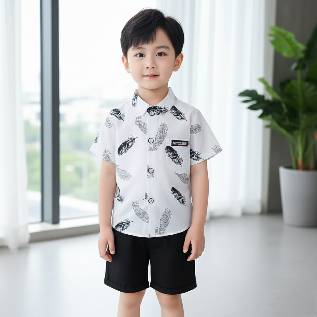 White Feather Printed Shirts & Black Shorts Co-Ord Set