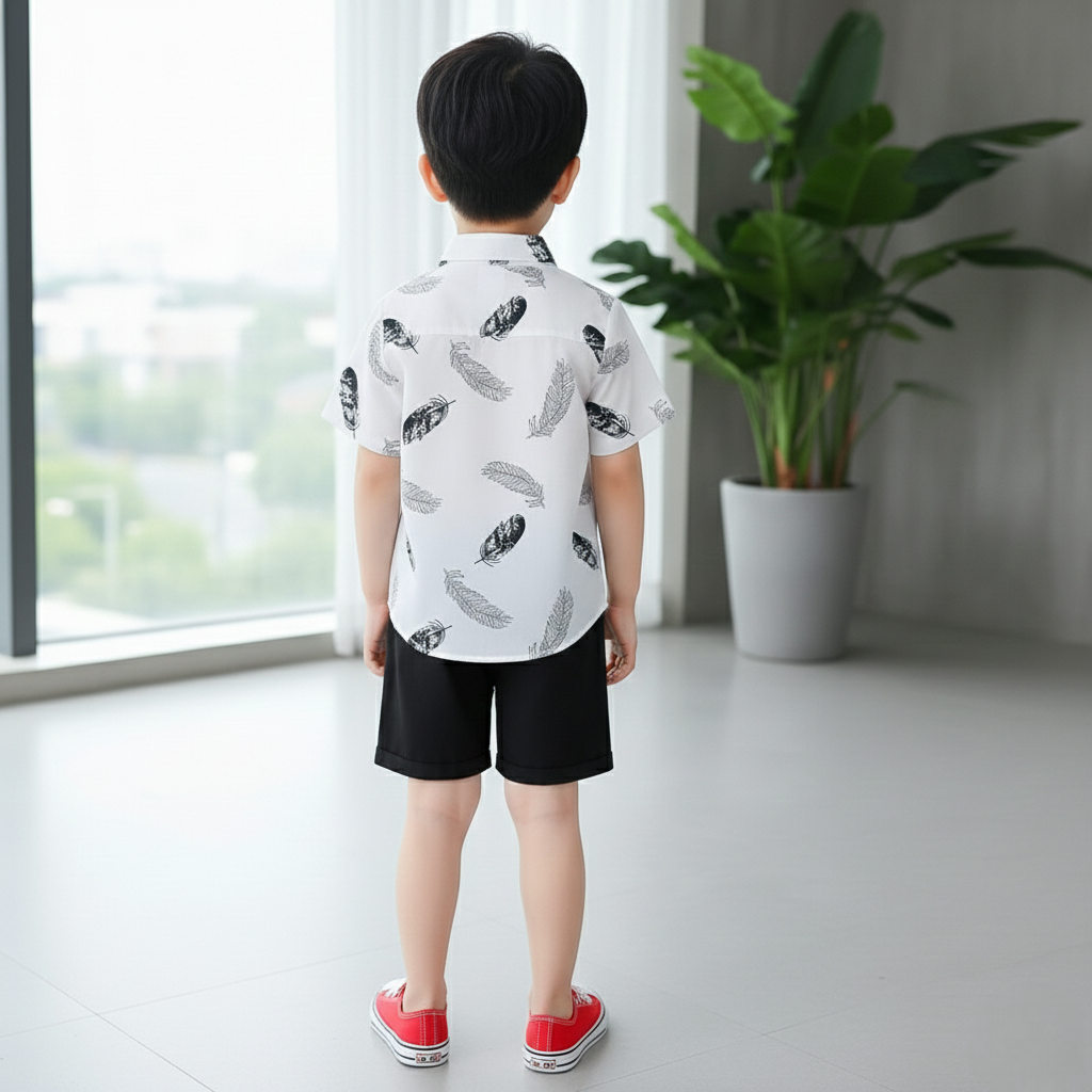 White Feather Printed Shirts & Black Shorts Co-Ord Set