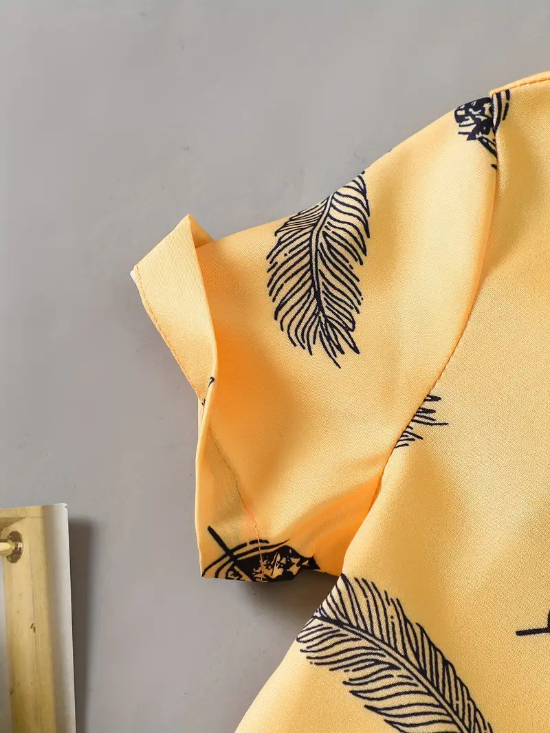 Yellow Feather Printed Shirts & Black Shorts Co-Ord Set