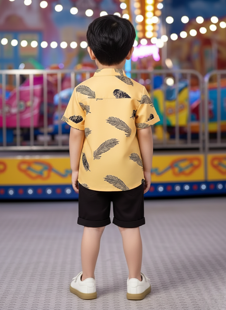 Yellow Feather Printed Shirts & Black Shorts Co-Ord Set